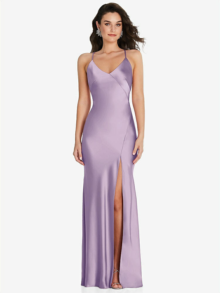 【STYLE: 6854】V-Neck Convertible Strap Bias Slip Dress with Front Slit【COLOR: Pale Purple】