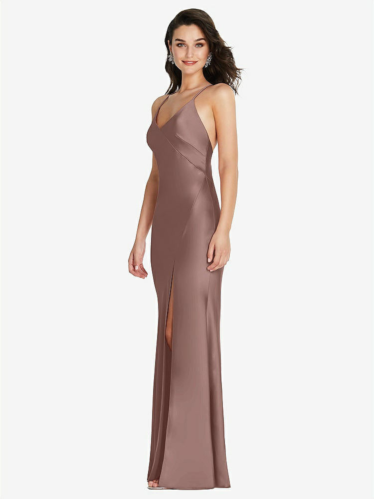 【STYLE: 6854】V-Neck Convertible Strap Bias Slip Dress with Front Slit【COLOR: Sienna】