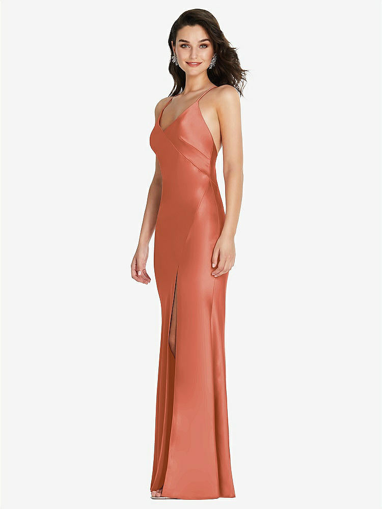 【STYLE: 6854】V-Neck Convertible Strap Bias Slip Dress with Front Slit【COLOR: Terracotta Copper】