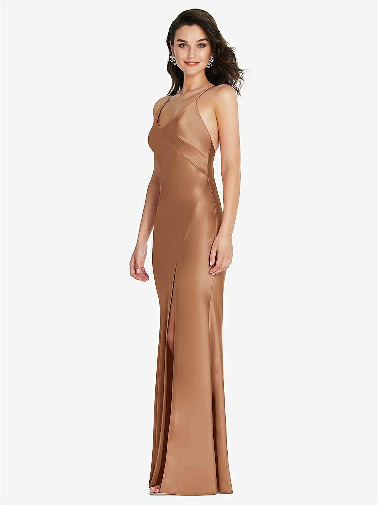 【STYLE: 6854】V-Neck Convertible Strap Bias Slip Dress with Front Slit【COLOR: Toffee】