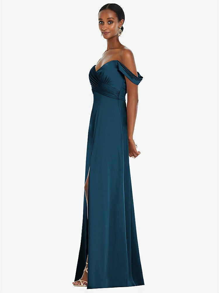 【NEW】【STYLE: 3108】オフショルダー フラウンス 袖 帝国 ウエスト ガウン フロント スリット【COLOR: Atlantic Blue】【SIZE: 00-30W】