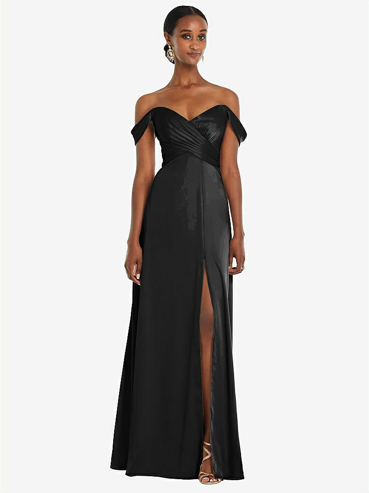 【STYLE: 3108】Off-the-Shoulder Flounce Sleeve Empire Waist Gown with Front Slit【COLOR: Black】
