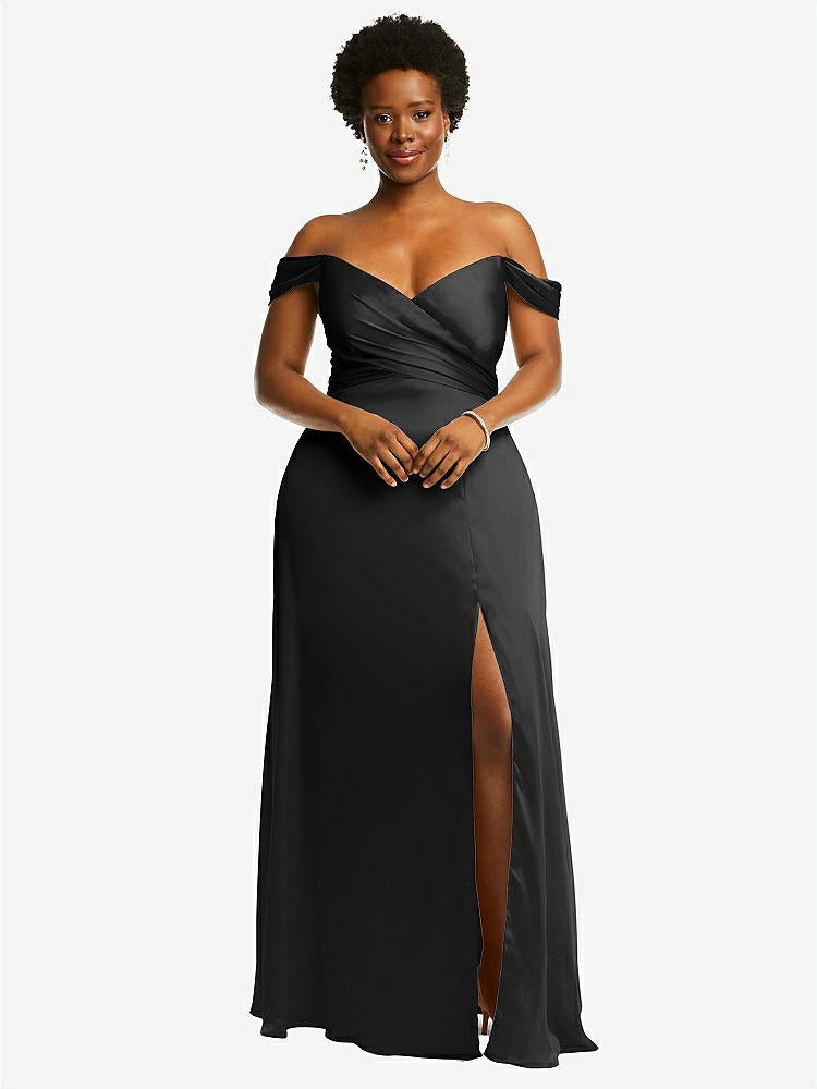 【STYLE: 3108】Off-the-Shoulder Flounce Sleeve Empire Waist Gown with Front Slit【COLOR: Black】