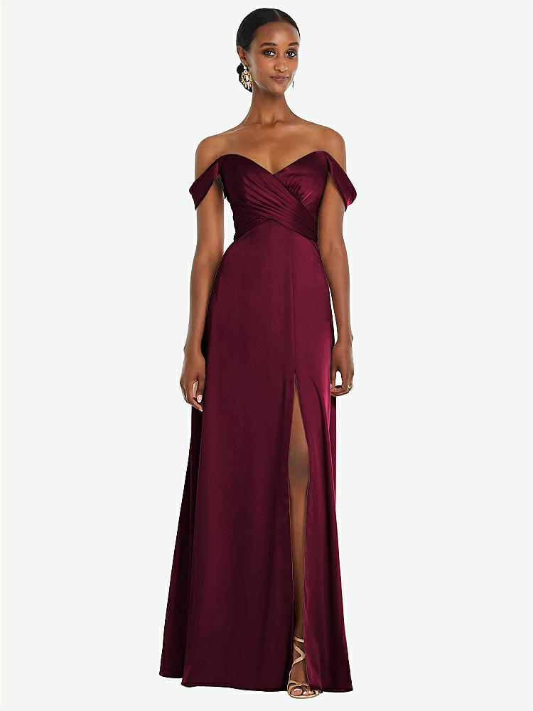【NEW】【STYLE: 3108】オフショルダー フラウンス 袖 帝国 ウエスト ガウン フロント スリット【COLOR: Cabernet】【SIZE: 00-30W】