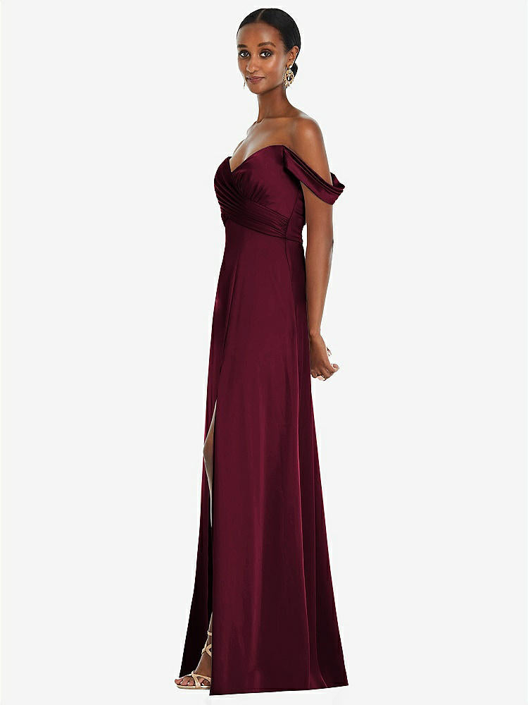 【NEW】【STYLE: 3108】オフショルダー フラウンス 袖 帝国 ウエスト ガウン フロント スリット【COLOR: Cabernet】【SIZE: 00-30W】