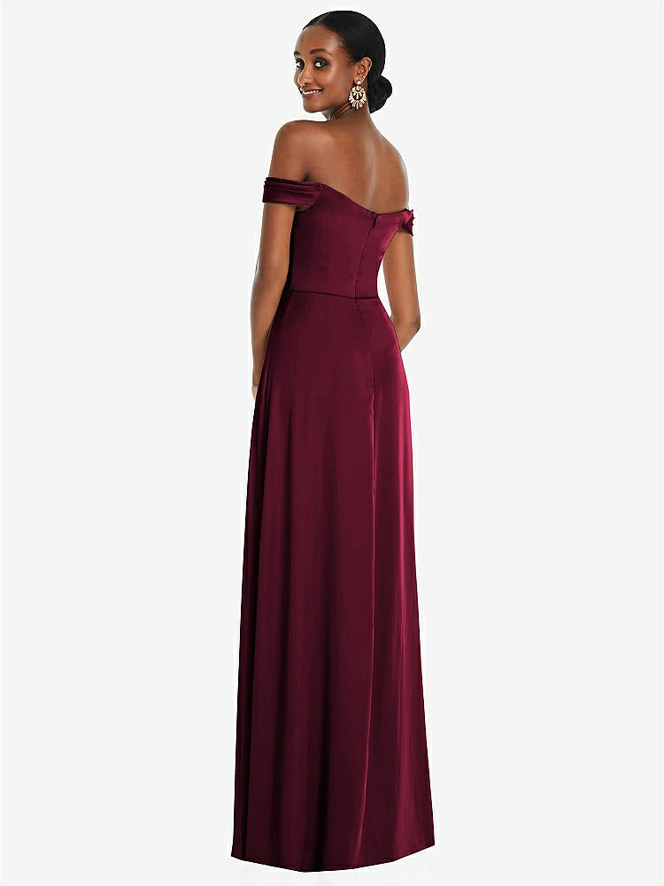 【NEW】【STYLE: 3108】オフショルダー フラウンス 袖 帝国 ウエスト ガウン フロント スリット【COLOR: Cabernet】【SIZE: 00-30W】