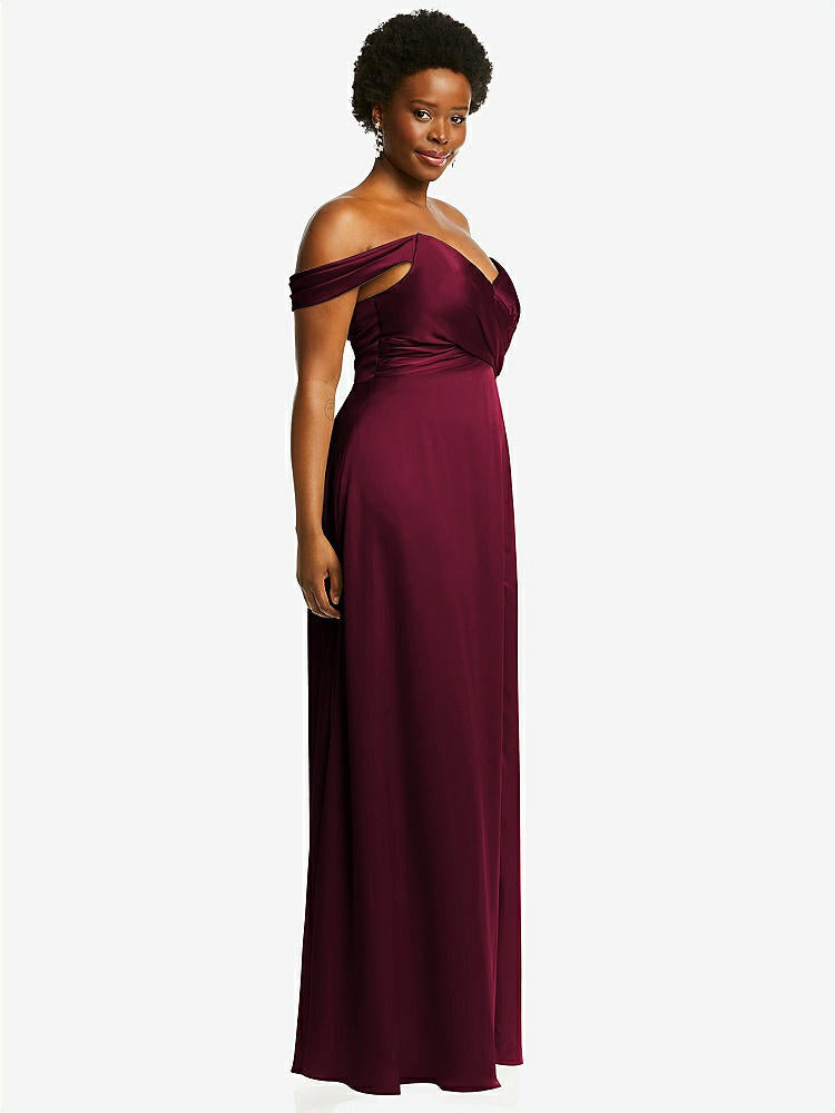 【NEW】【STYLE: 3108】オフショルダー フラウンス 袖 帝国 ウエスト ガウン フロント スリット【COLOR: Cabernet】【SIZE: 00-30W】