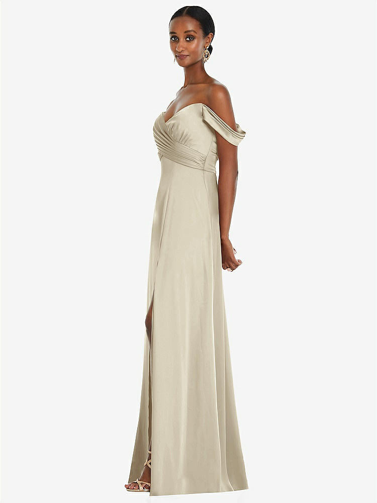 【NEW】【STYLE: 3108】オフショルダー フラウンス 袖 帝国 ウエスト ガウン フロント スリット【COLOR: Champagne】【SIZE: 00-30W】