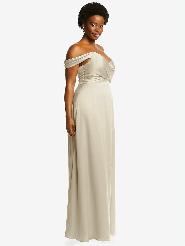 【NEW】【STYLE: 3108】オフショルダー フラウンス 袖 帝国 ウエスト ガウン フロント スリット【COLOR: Champagne】【SIZE: 00-30W】