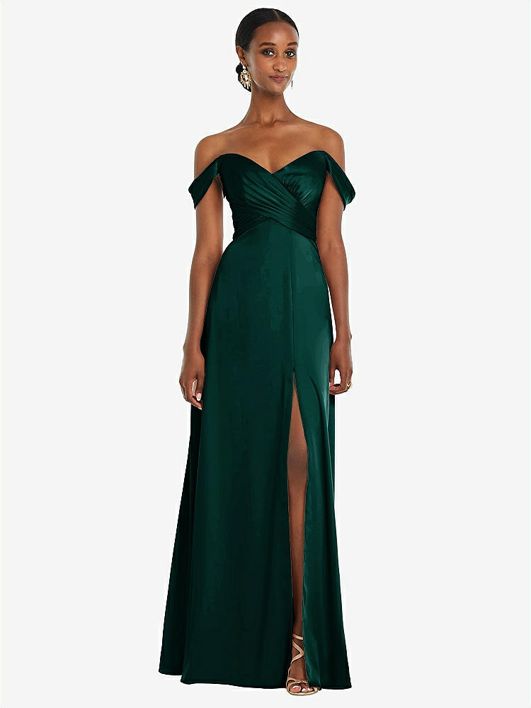 【NEW】【STYLE: 3108】オフショルダー フラウンス 袖 帝国 ウエスト ガウン フロント スリット【COLOR: Evergreen】【SIZE: 00-30W】