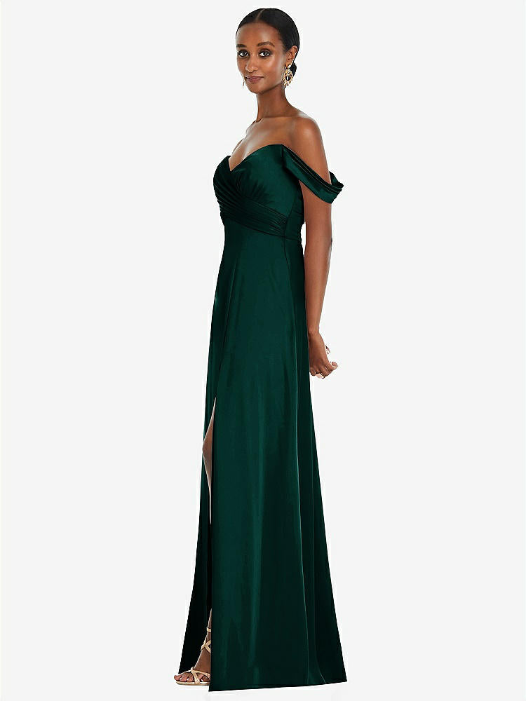 【NEW】【STYLE: 3108】オフショルダー フラウンス 袖 帝国 ウエスト ガウン フロント スリット【COLOR: Evergreen】【SIZE: 00-30W】