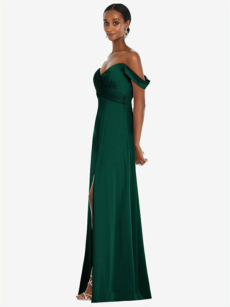【NEW】【STYLE: 3108】オフショルダー フラウンス 袖 帝国 ウエスト ガウン フロント スリット【COLOR: Hunter Green】【SIZE: 00-30W】