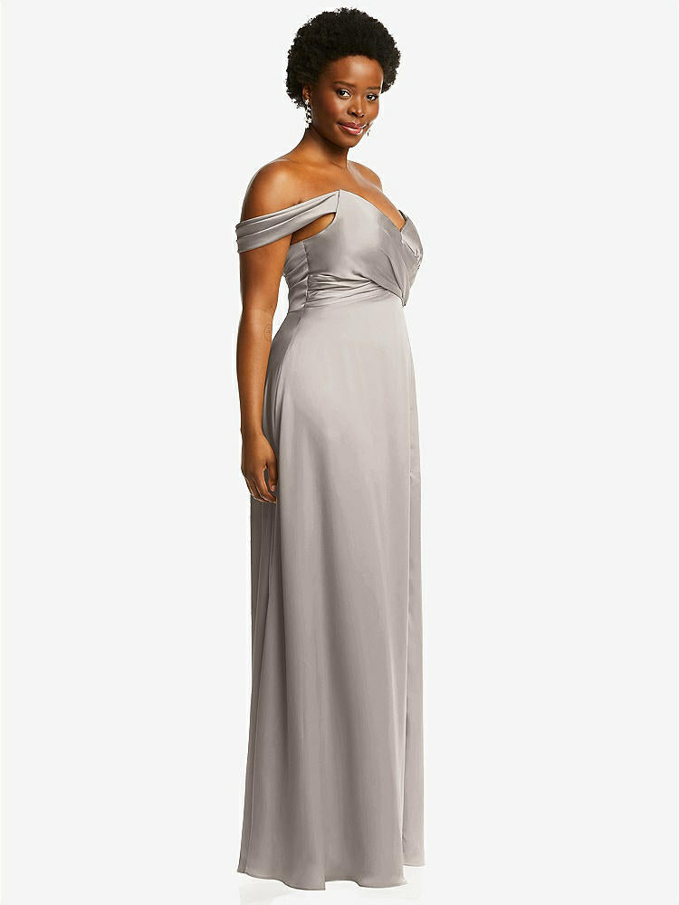 【NEW】【STYLE: 3108】オフショルダー フラウンス 袖 帝国 ウエスト ガウン フロント スリット【COLOR: Taupe】【SIZE: 00-30W】