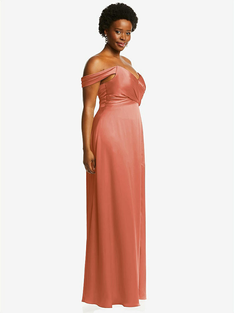 【NEW】【STYLE: 3108】オフショルダー フラウンス 袖 帝国 ウエスト ガウン フロント スリット【COLOR: Terracotta Copper】【SIZE: 00-30W】