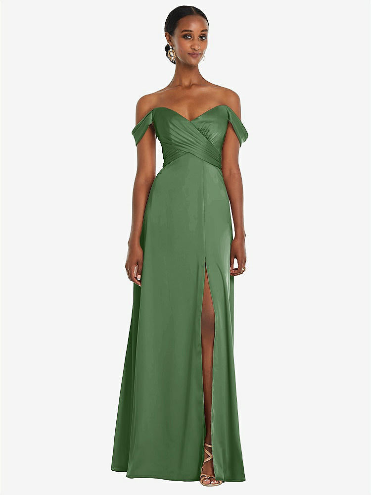 【NEW】【STYLE: 3108】オフショルダー フラウンス 袖 帝国 ウエスト ガウン フロント スリット【COLOR: Vineyard Green】【SIZE: 00-30W】