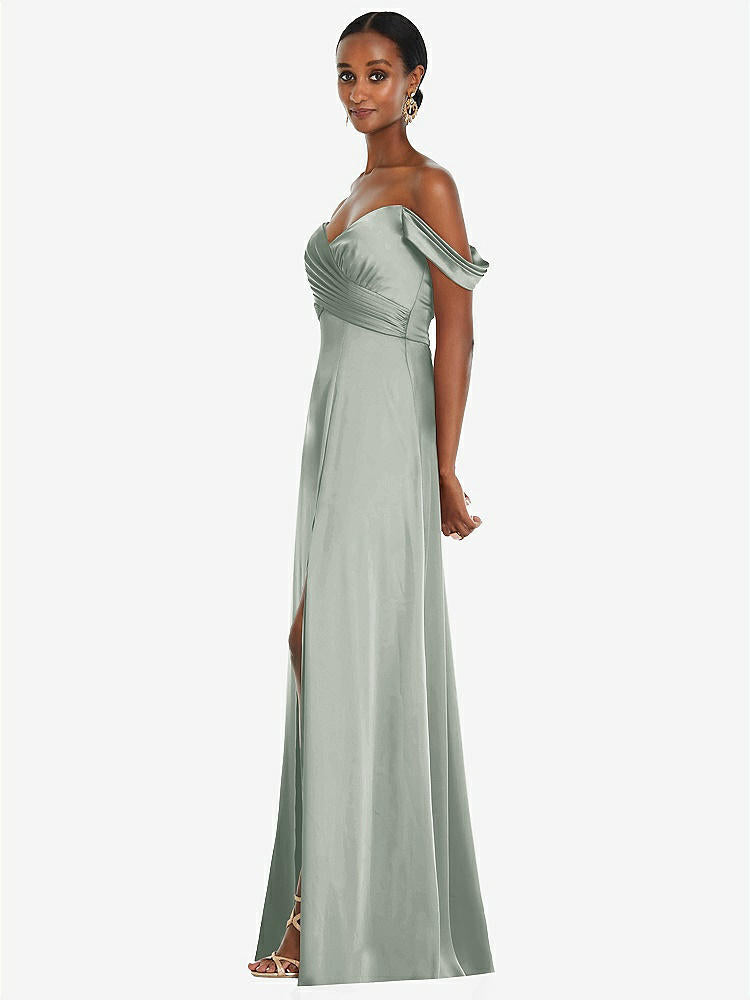 【NEW】【STYLE: 3108】オフショルダー フラウンス 袖 帝国 ウエスト ガウン フロント スリット【COLOR: Willow Green】【SIZE: 00-30W】