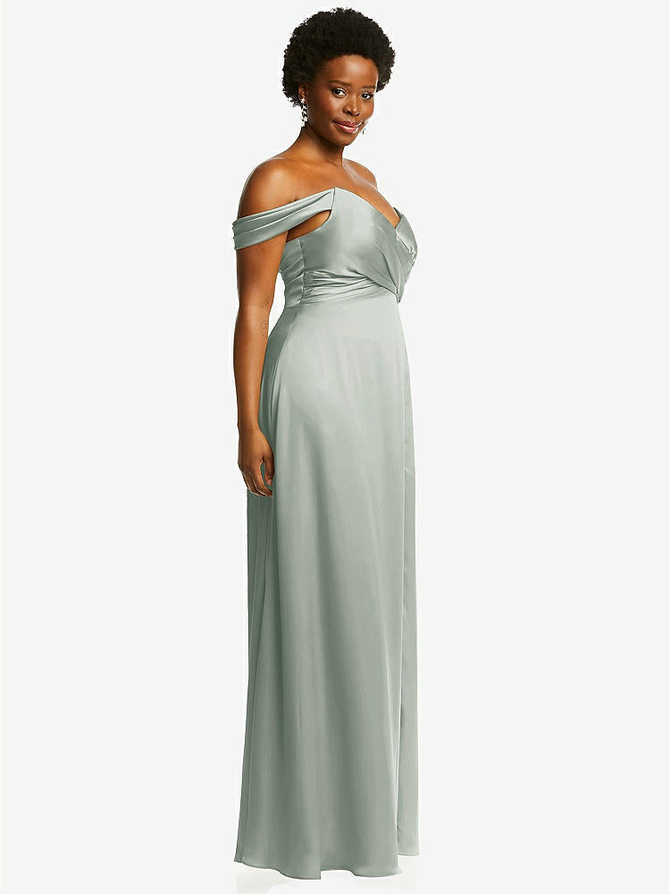 【NEW】【STYLE: 3108】オフショルダー フラウンス 袖 帝国 ウエスト ガウン フロント スリット【COLOR: Willow Green】【SIZE: 00-30W】