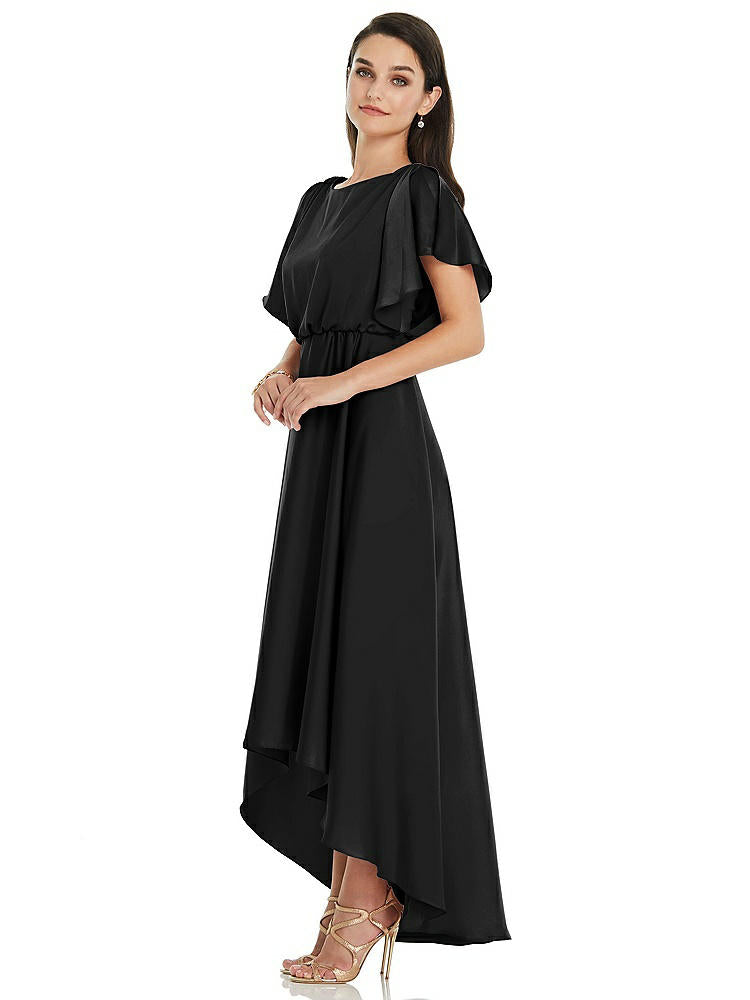 【STYLE: 3112】Blouson Bodice Deep V-Back High Low Dress with Flutter Sleeves【COLOR: Black】