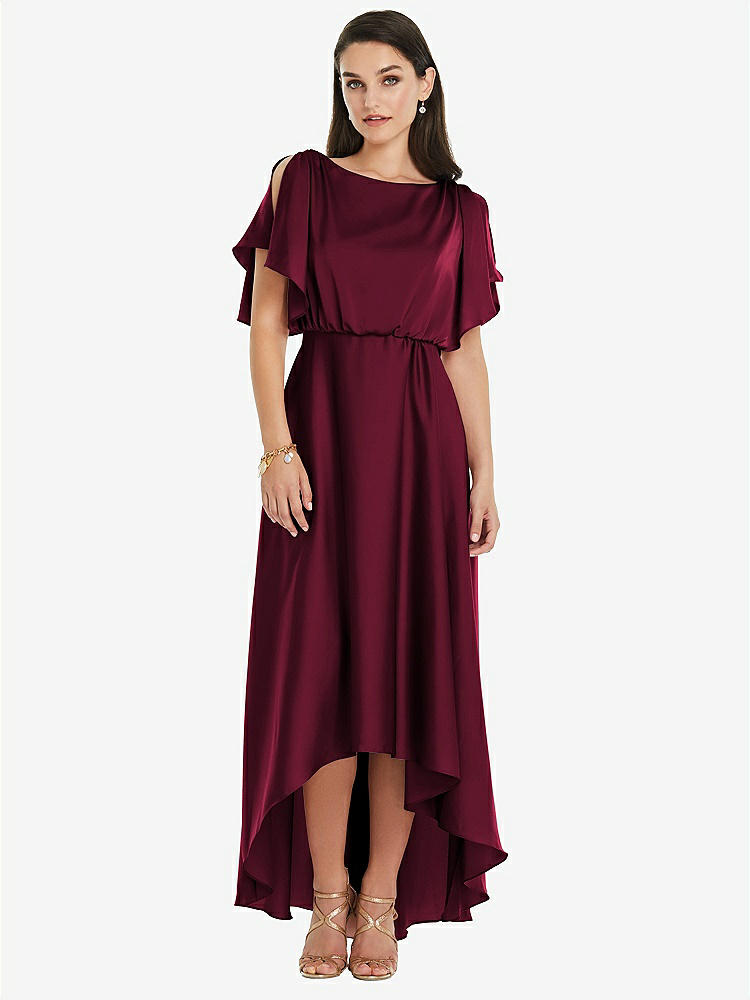 【NEW】【STYLE: 3112】Blouson Bodice Deep V-Back High Low ドレス 羽ばたき 袖【COLOR: Cabernet】【SIZE: 00-30W】
