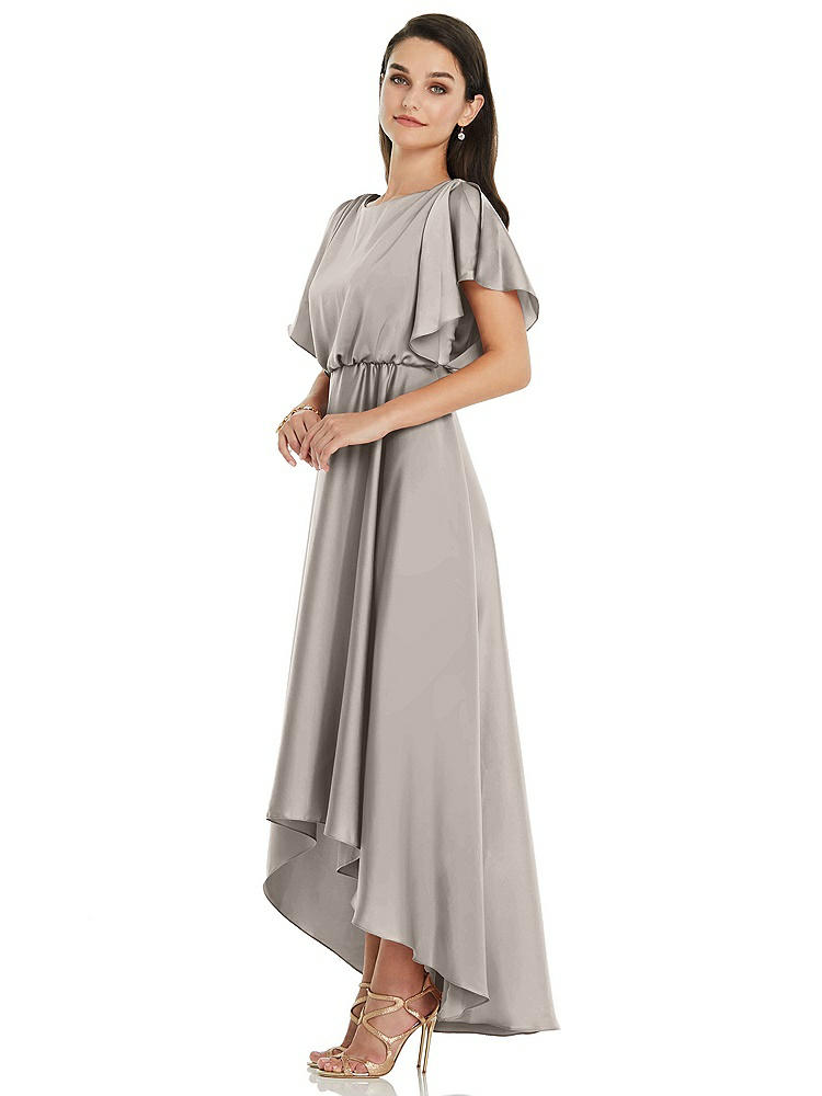 【STYLE: 3112】Blouson Bodice Deep V-Back High Low Dress with Flutter Sleeves【COLOR: Taupe】