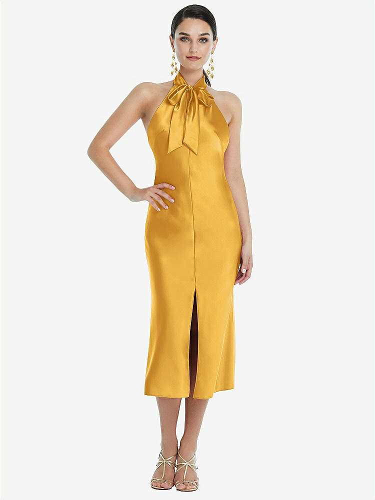 【STYLE: LB038】Scarf Tie Stand Collar Midi Bias Dress with Front Slit【COLOR: NYC Yellow】