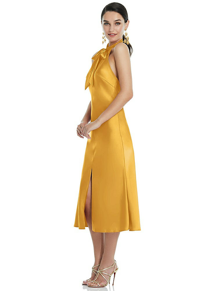 【STYLE: LB038】Scarf Tie Stand Collar Midi Bias Dress with Front Slit【COLOR: NYC Yellow】