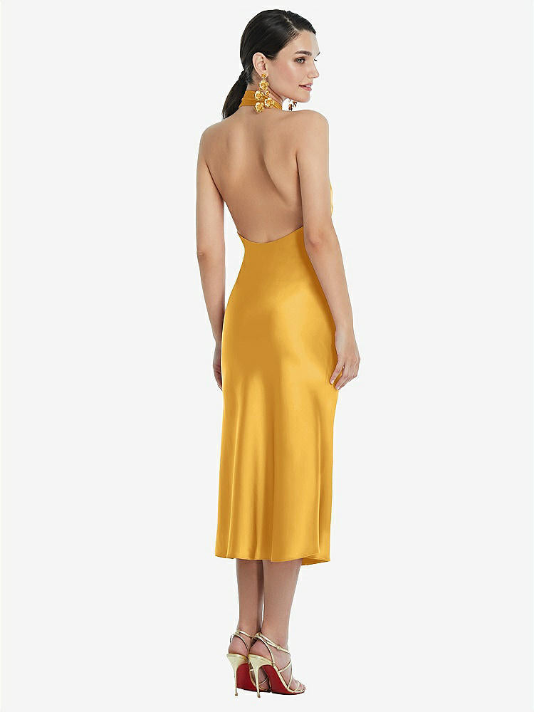 【STYLE: LB038】Scarf Tie Stand Collar Midi Bias Dress with Front Slit【COLOR: NYC Yellow】