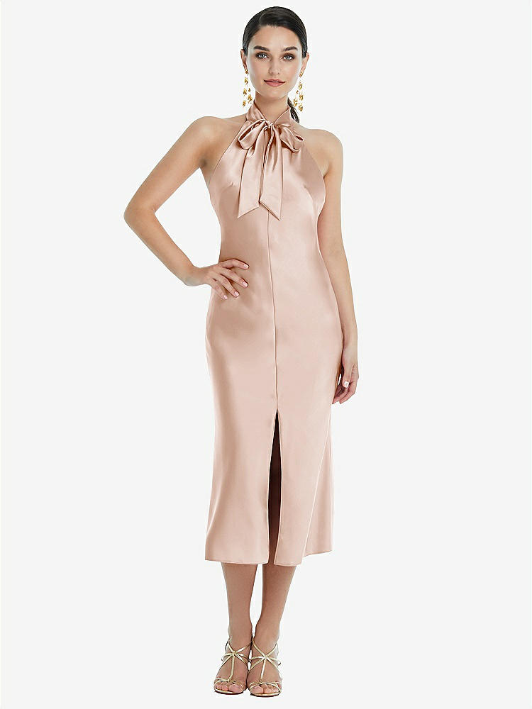 【STYLE: LB038】Scarf Tie Stand Collar Midi Bias Dress with Front Slit【COLOR: Cameo】