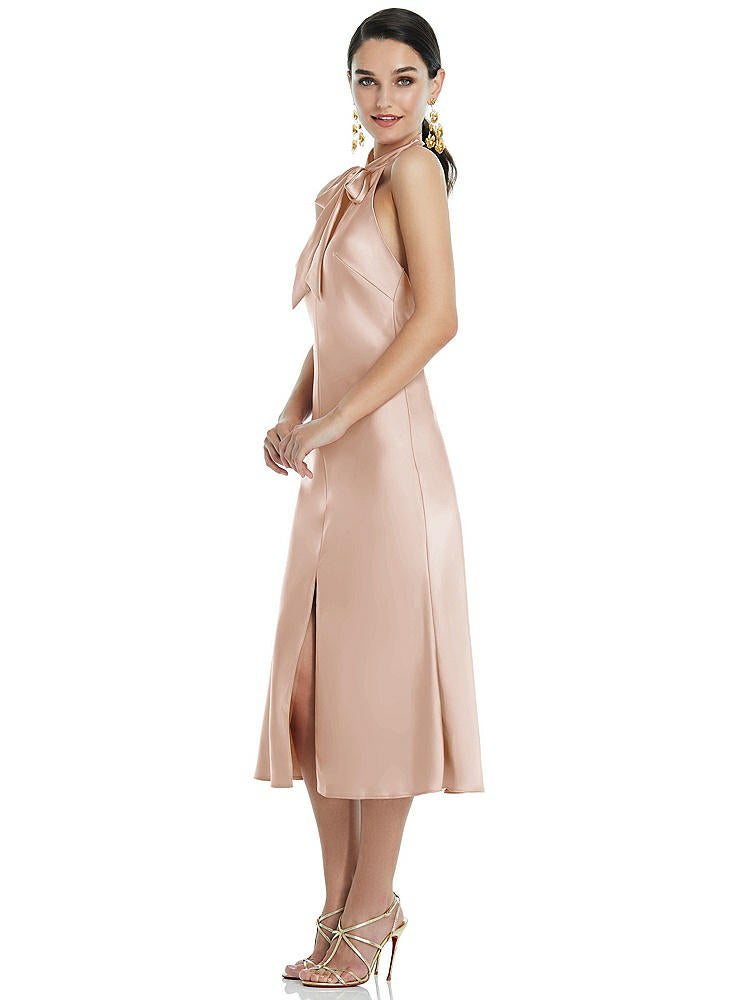 【STYLE: LB038】Scarf Tie Stand Collar Midi Bias Dress with Front Slit【COLOR: Cameo】