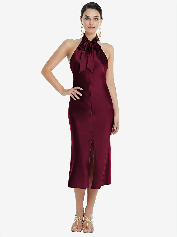 【STYLE: LB038】Scarf Tie Stand Collar Midi Bias Dress with Front Slit【COLOR: Cabernet】