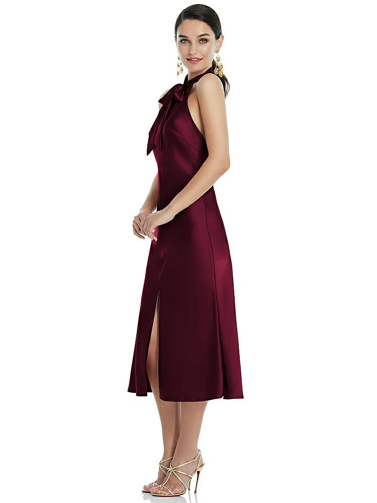 【STYLE: LB038】Scarf Tie Stand Collar Midi Bias Dress with Front Slit【COLOR: Cabernet】