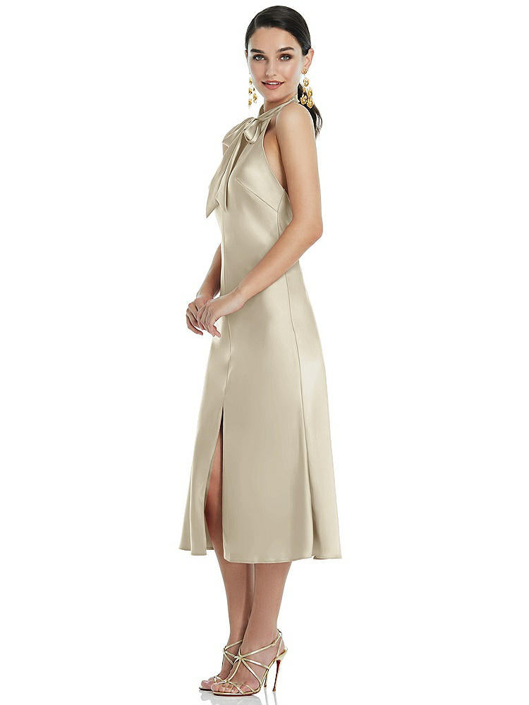 【STYLE: LB038】Scarf Tie Stand Collar Midi Bias Dress with Front Slit【COLOR: Champagne】