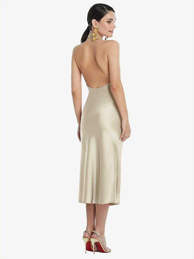 【STYLE: LB038】Scarf Tie Stand Collar Midi Bias Dress with Front Slit【COLOR: Champagne】