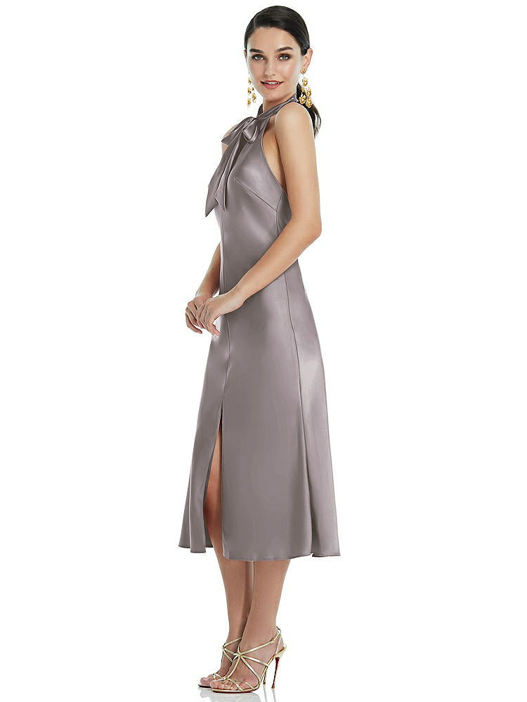 【NEW】【STYLE: LB038】スカーフ ネクタイ スタンド 襟 MIDI バイアス ドレス 前面 スリット【COLOR: Cashmere Gray】【SIZE: 00-30W】