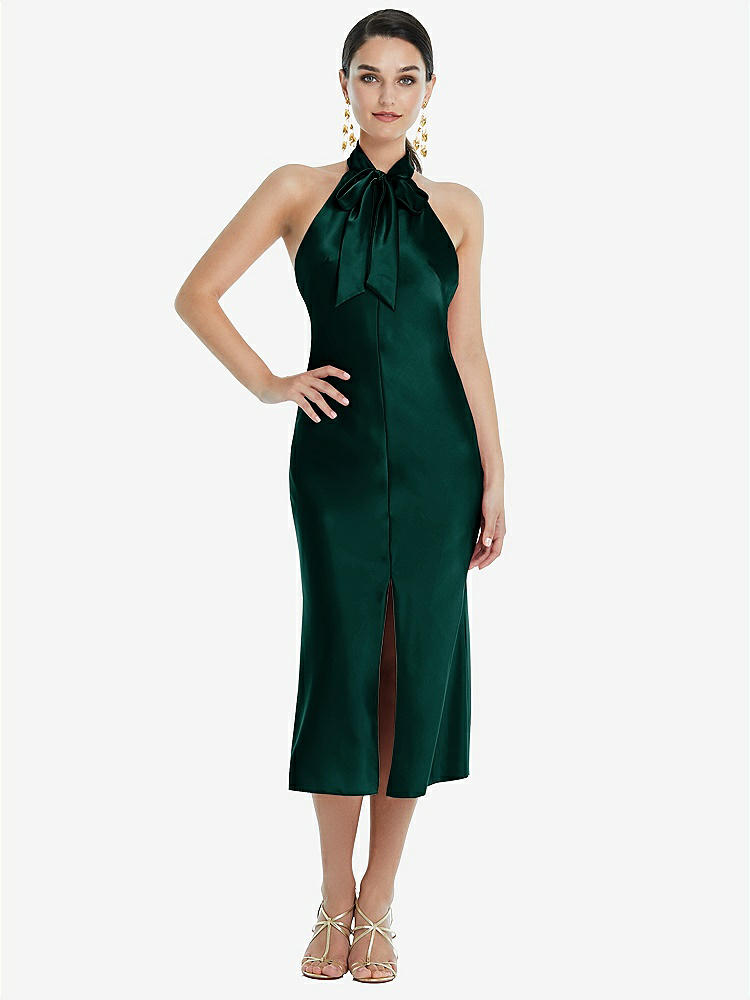 【NEW】【STYLE: LB038】スカーフ ネクタイ スタンド 襟 MIDI バイアス ドレス 前面 スリット【COLOR: Evergreen】【SIZE: 00-30W】