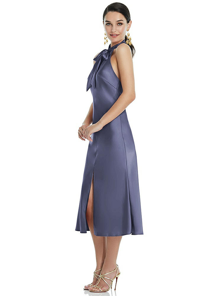 【NEW】【STYLE: LB038】スカーフ ネクタイ スタンド 襟 MIDI バイアス ドレス 前面 スリット【COLOR: French Blue】【SIZE: 00-30W】