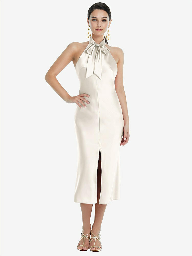 【STYLE: LB038】Scarf Tie Stand Collar Midi Bias Dress with Front Slit【COLOR: Ivory】