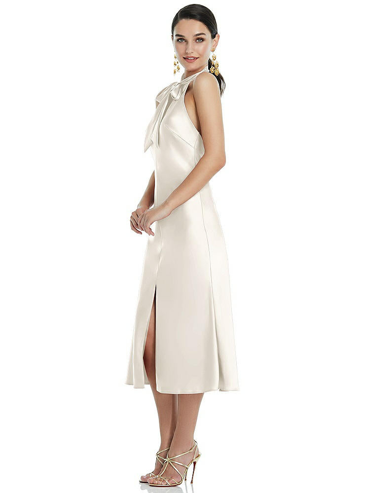 【STYLE: LB038】Scarf Tie Stand Collar Midi Bias Dress with Front Slit【COLOR: Ivory】