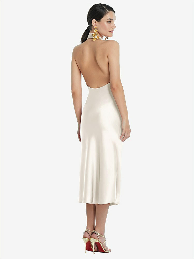 【STYLE: LB038】Scarf Tie Stand Collar Midi Bias Dress with Front Slit【COLOR: Ivory】