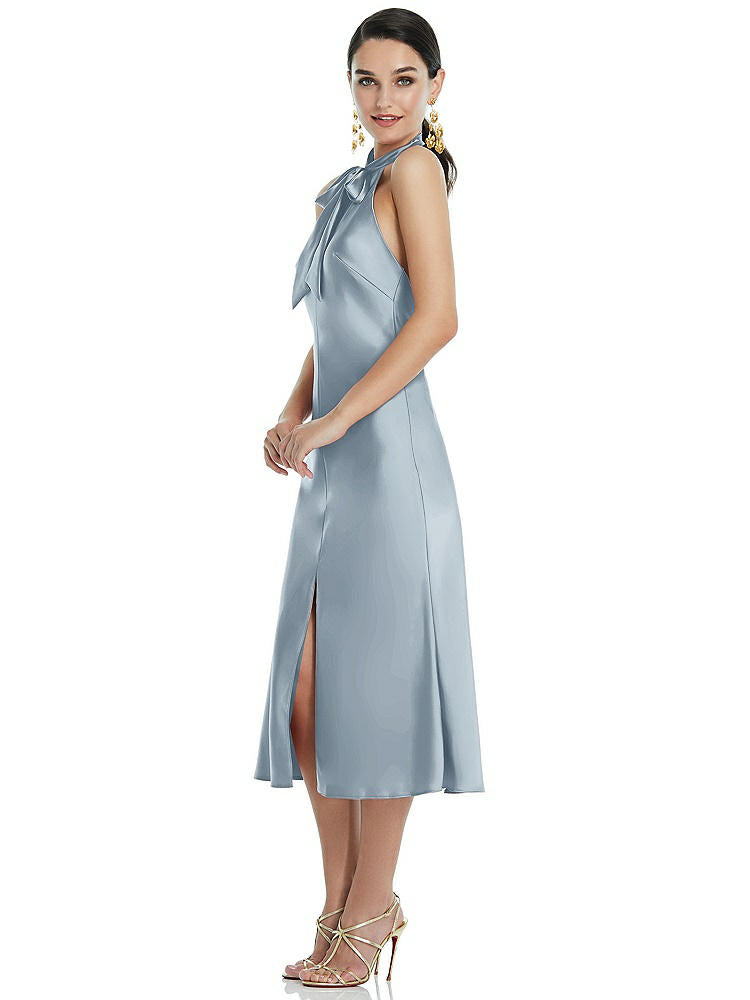 【STYLE: LB038】Scarf Tie Stand Collar Midi Bias Dress with Front Slit【COLOR: Mist】
