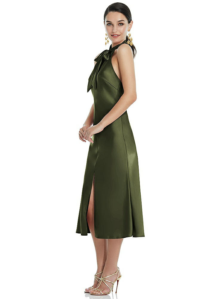 【STYLE: LB038】Scarf Tie Stand Collar Midi Bias Dress with Front Slit【COLOR: Olive Green】