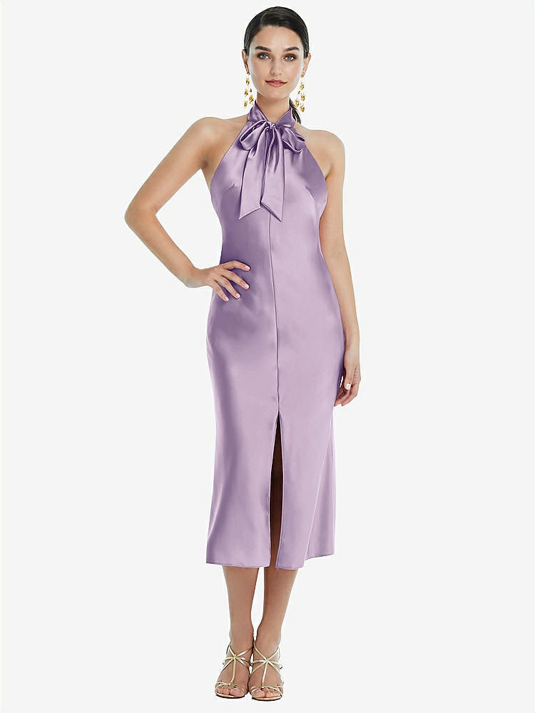 【STYLE: LB038】Scarf Tie Stand Collar Midi Bias Dress with Front Slit【COLOR: Pale Purple】