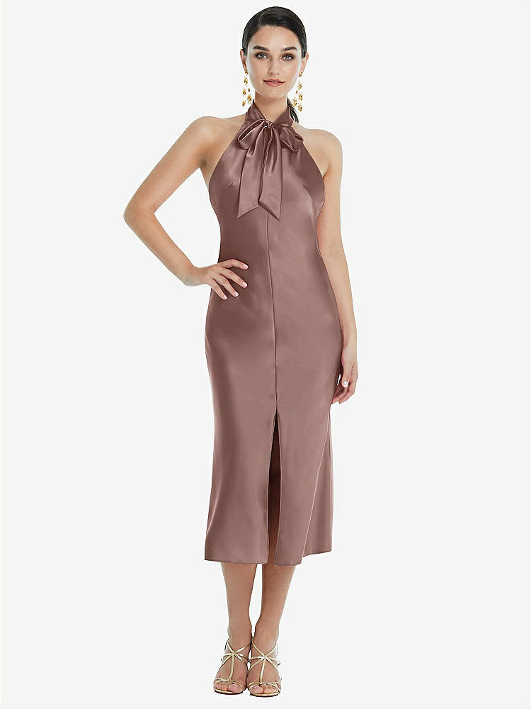 【STYLE: LB038】Scarf Tie Stand Collar Midi Bias Dress with Front Slit【COLOR: Sienna】