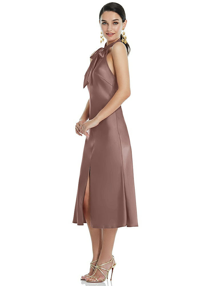 【STYLE: LB038】Scarf Tie Stand Collar Midi Bias Dress with Front Slit【COLOR: Sienna】