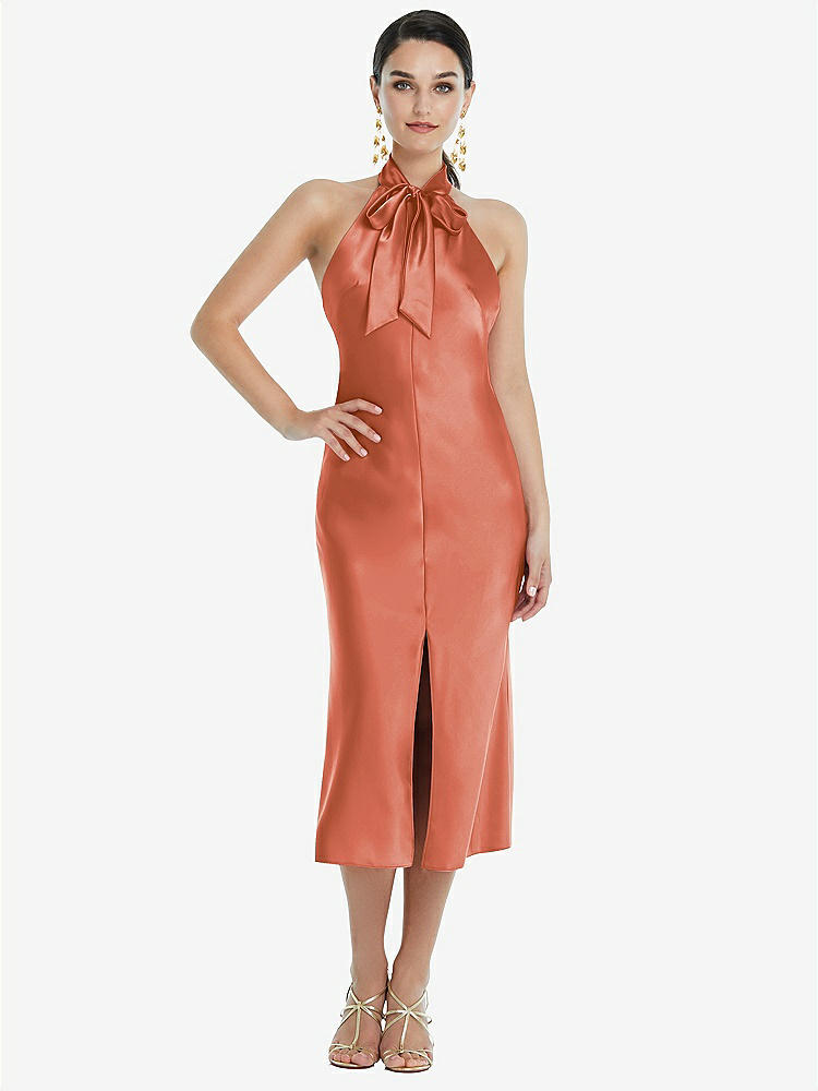 【STYLE: LB038】Scarf Tie Stand Collar Midi Bias Dress with Front Slit【COLOR: Terracotta Copper】