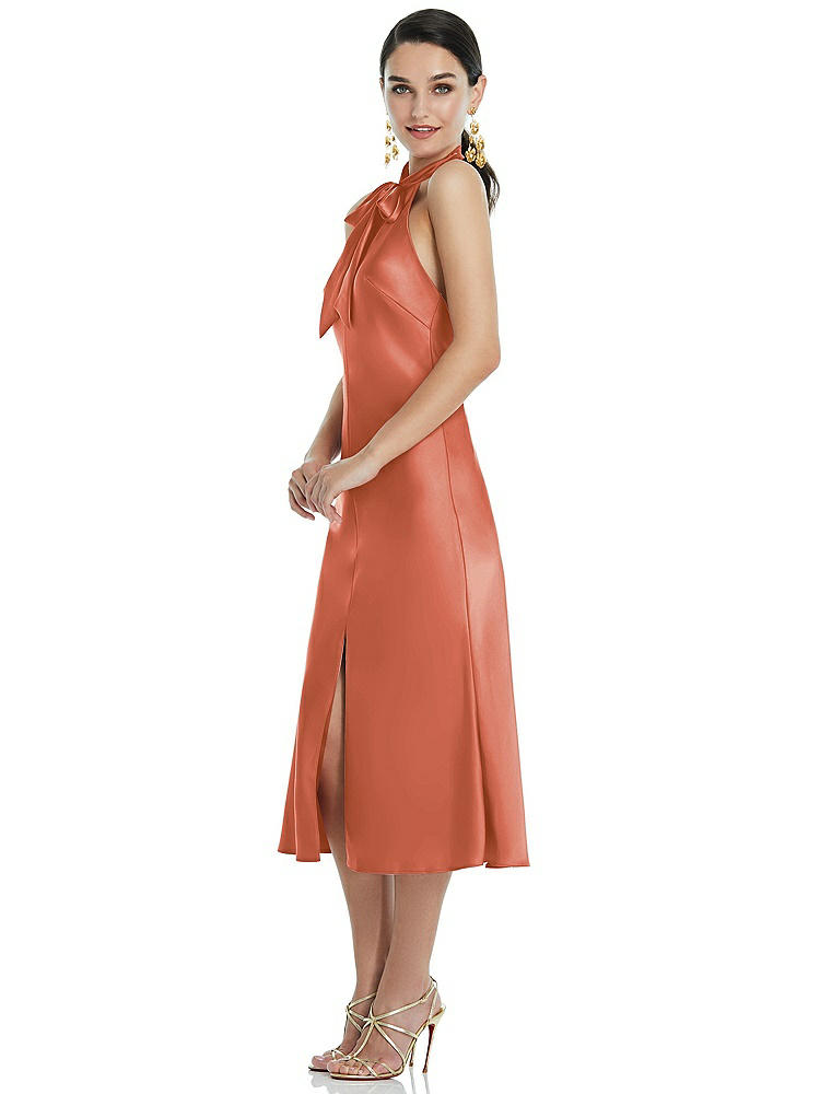 【STYLE: LB038】Scarf Tie Stand Collar Midi Bias Dress with Front Slit【COLOR: Terracotta Copper】