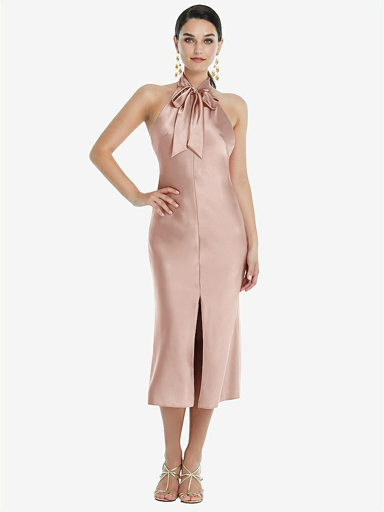 【STYLE: LB038】Scarf Tie Stand Collar Midi Bias Dress with Front Slit【COLOR: Toasted Sugar】