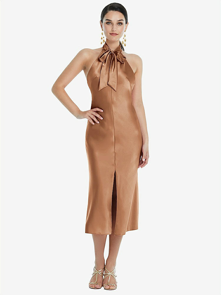 【STYLE: LB038】Scarf Tie Stand Collar Midi Bias Dress with Front Slit【COLOR: Toffee】