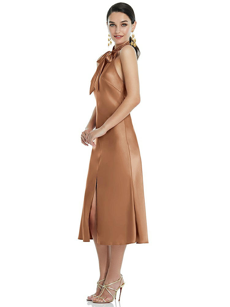【STYLE: LB038】Scarf Tie Stand Collar Midi Bias Dress with Front Slit【COLOR: Toffee】