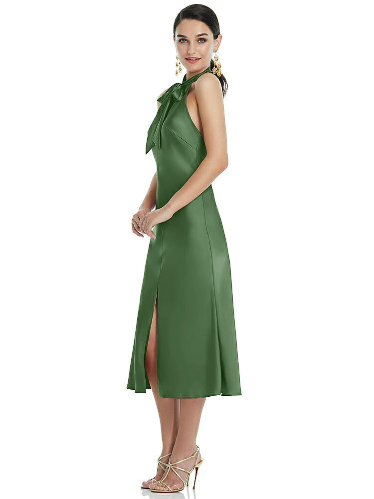 【STYLE: LB038】Scarf Tie Stand Collar Midi Bias Dress with Front Slit【COLOR: Vineyard Green】